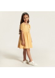 Checked Square Neck A-line Dress with Short Sleeves