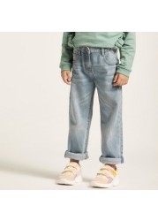 Juniors Solid Denim Pants with Pockets and Button Closure