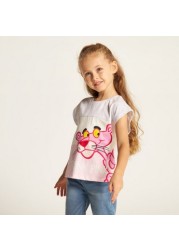 Pink Panther Print T-shirt with Extended Sleeves and Round Neck