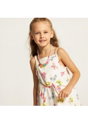 Juniors Butterfly Print Sleeveless Dress with Waist Tie-Up Belt