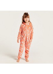 Juniors All-Over Printed Hooded Onesie with Long Sleeves and Zip Closure