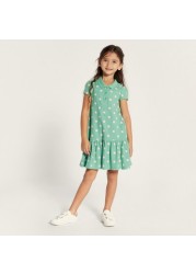 Juniors Polka Dot Print Polo Dress with Short Sleeves