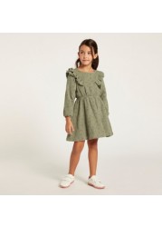 Love Earth Printed Organic Dress with Long Sleeves and Ruffle Detail