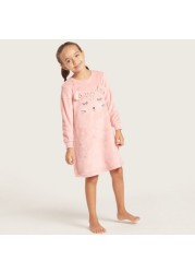 Juniors Printed Crew Neck Nightdress with Applique Detail