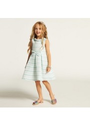 Juniors Striped Sleeveless A-line Dress with Bow Accent