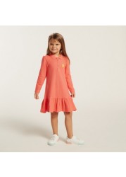 Juniors Embroidered A-Line Dress with Long Sleeves and Polo Neck