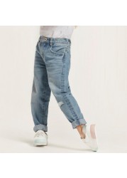 Juniors Solid Denim Pants with Pockets and Button Closure