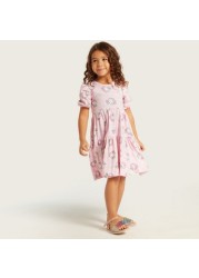 Hello Kitty Print Tiered A-line Dress with Round Neck and Short Sleeves