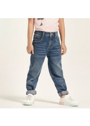 Juniors Solid Denim Pants with Pockets and Button Closure