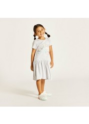 Juniors Unicorn Print Dress with Round Neck and Short Sleeves