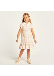 Juniors Striped Polo Dress with Flounce Hem and Short Sleeves