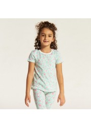 Juniors Floral Print T-shirt with Round Neck and Short Sleeves