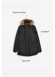 Shower Resistant Down Filled Signature Parka With Detachable Faux Fur Hood