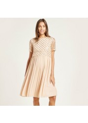 Love Mum Maternity Dress with Pleated Flair and Sheer Top