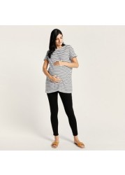 Love Mum Striped Round Neck Maternity T-shirt with Short Sleeves