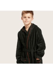 Juniors Embroidered Bathrobe with Long Sleeves and Piping Detail