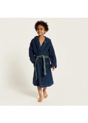 Textured Hooded Bathrobe with Long Sleeves and Tie-Up Belt