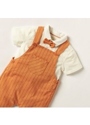 Juniors Solid Shirt with Striped Dungarees and Bow Detail