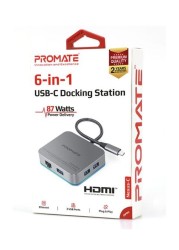 Promate - USB C Hub, 6-In-1 Type-C Adapter with 1000Mbps RJ45 Ethernet, 87W USB Type-C Power Delivery, 4K HDMI Port and 3 USB 3.0 Port