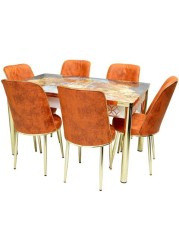 Elegant Dining Table Set, Modern Design 6 Chairs for Dining Room, Lounge, Adjustable Size Table, PU Leather Comfortable Chairs - (Color: Orange/Gold)
