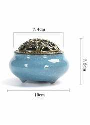 Generic Antique Delicate Ceramic Body Copper Cover Sandalwood Incense Burner Brown 10x7.4x7.2cm