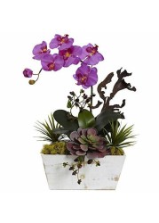 Nearly Natural 1458-OR Orchid &amp; Succulent Garden with White Wash Planter