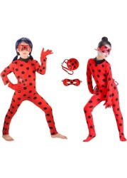 Kid&rsquo;s Beetle Costume Ladybug Black Cat Noir Boy or Girl Cosplay Outfit Clothing with Wig Jumpsuit Halloween Party Masquerade with 3pcs/Set Jewellery (M 7-8Y, LadyBug_Jumpsuit)