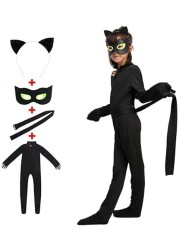 Kid&rsquo;s Beetle Costume Ladybug Black Cat Noir Boy or Girl Cosplay Outfit Clothing with Wig Jumpsuit Halloween Party Masquerade with 3pcs/Set Jewellery (S 5-6Y, Black Cat Noir)