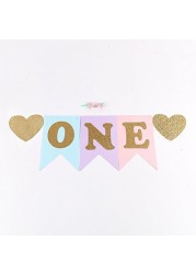 Lxzs-Bh Blue And Pink 1St Birthday Banner, Glitter&quot;One&quot; And Heart Shapes, For Baby Girl, Baby Shower, High Chair Decoration, Wall Decor