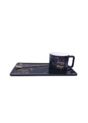 Lazy Days Marble Design Ceramic Coffee Mug Saucer Set with Gold Spoon (Black)