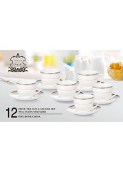 SHALLOW BONE CHINA CUPS AND SAUCERS SET, WHITE/GOLD, 90 CC, TS-90-LIN-E, 12PIECES