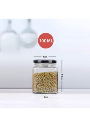 FUFU square jar with black sealed metal regular lid (100ml), sealed transparent glass jar, used as dessert, coffee beans, seasoning, honey, jam, jelly, total 12 jars