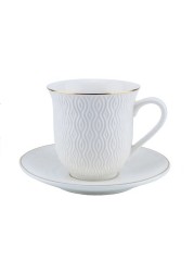 SHALLOW BONE CHINA COFFEE CUP AND SAUCER SET,WHITE/GOLD, 90CC, FPR-90-719, 12 PIECES