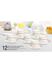 SHALLOW BONE CHINA CUPS AND SAUCERS SET, WHITE/GOLD, 90 CC, TS-90-LIN-A, 12PIECES