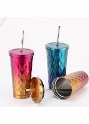 Generic 3-Piece Double-Layer Stainless Steel Tumbler With Straw Multicolour