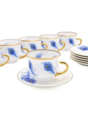 Al Hoora 6 Pieces Coffee Cup &amp; Saucer Set Gold/Blue Floral Design