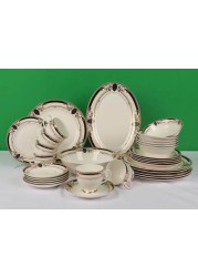 XIANGYU Dinner Set Porcelain Gold, 32pcs tea set; (12)pcs tea cup/saucer, (6) 10&#39;5 flat plate, (6) 7&#39;5 flat plate, (6) 6&#39; salad bowl, (1) 6&#39; salad bowl, (1) 14&#39; oval plate. New Ceramic Bone China, The