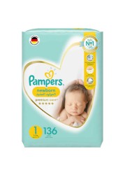 Pampers Premium Care Diapers, Size 1, Newborn, 2-5 kg, The Softest Diaper and the Best Skin Protection, 136 Baby Diapers