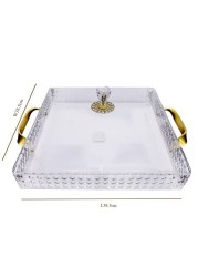 Al Hoora 38.5*32*H13.5Cm Square Acrylic Clear Serving Tray With Gold Handle With Geometric Pattern, Clear Cover, Rose Flower Knob And Color Box