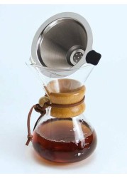 LIHAN  V60 Pour Over Coffee Maker with Borosilicate Glass Carafe and Reusable Stainless Steel Permanent Filter Manual V60 Coffee Dripper Brewer with Real Light Brown Wood Sleeve - 400ml