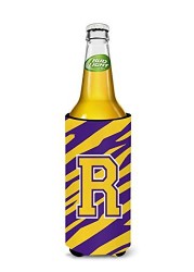 Caroline&#39;s Treasures Monogram - Tiger Stripe - Purple Gold Letter R Ultra Beverage Insulators For Slim Cans