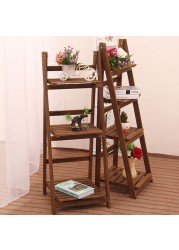 LINGWEI Ladder Design Foldable Wooden Flower Rack Book Shelves Storage Stand Flower Pot Holder For Bedroom Office Restaurants Home Decor 3 floor Brown