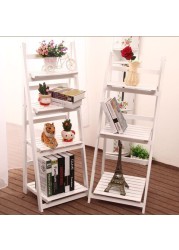 LINGWEI Ladder Design Foldable Wooden Flower Rack Book Shelves Storage Stand Flower Pot Holder For Bedroom Office Restaurants Home Decor 3 floor White