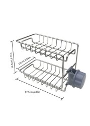 Decdeal - 2-Layer Faucet Rack Stainless Steel Hollow Ventilation Drainage Free Punching Kitchen Sink Storage Rack