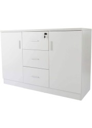 Mahmayi Melamine On Mdf Carre 1147 Credenza - Contemporary and Tough Wooden Storage Cabinet With Three Drawer Storage - W120Cms X D40Cms X H80Cms (White)