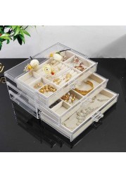 Xykily jewellery Box For Women With 3 Drawers, Velvet Jewellery Organiser For Earring Bangle Bracelet Necklace And Rings Storage Clear Acrylic Jewellery Box Earring Holder (24X13X10Cm, A-Beige)