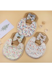 3pcs Children New Baby Plaid Printed Linen Baby Cotton Baby Double-sided Bib Bib Baby Saliva Towel Headband Set