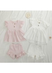 Fashion Baby Dress Clothes Set Newborn Cotton Waffle Princess Girls Top Flying Sleeves Buttons Ruffles A-Line Dress Shorts Set