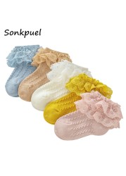 Breathable Cotton Socks with Lace for Little Girl Mesh Ruffle Socks for Kids White Pink Yellow Ankle Socks