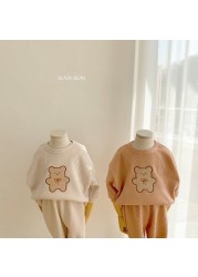 2022 New Children's Casual Clothes Set Boys Girls Bear Sweatshirt + Pants 2 Pieces Suit Solid Color Cotton Kids Baby Clothes